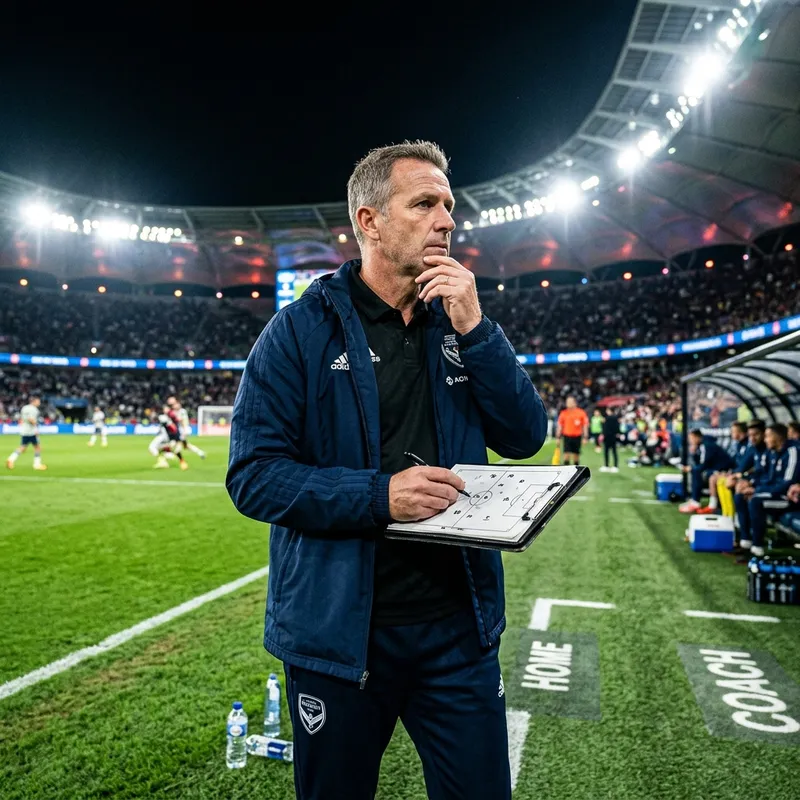 Professional football coach holding a clipboard at the pitch margin under stadium lighting