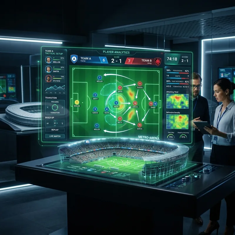 Futuristic digital 3D soccer tactical dashboard and stadium simulator