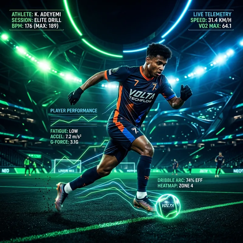 Professional football player kicking a ball under stadium floodlights with telemetry graphics