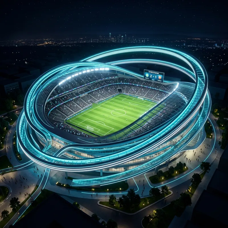 Futuristic virtual football stadium mock-up with glowing structural rings